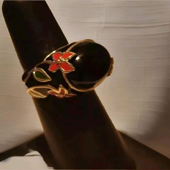 David Sigal Sterling Silver Dome Ring Size 8.5 Onyx & Red Green Enamel Floral - Picture 1 of 5